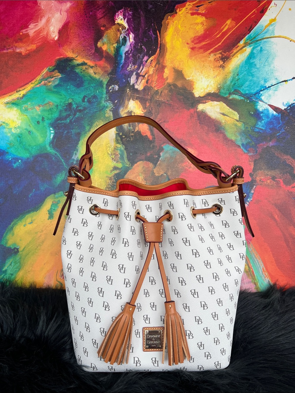 Dooney & Bourke White Bucket Bag with Tan Trim and Tassels